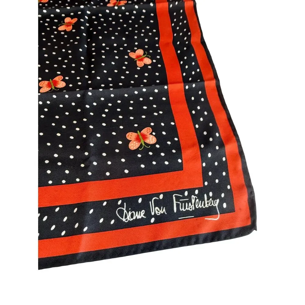 Vintage Diane Von Furstenberg Silk Scarf Black Orange Polka Dot Print